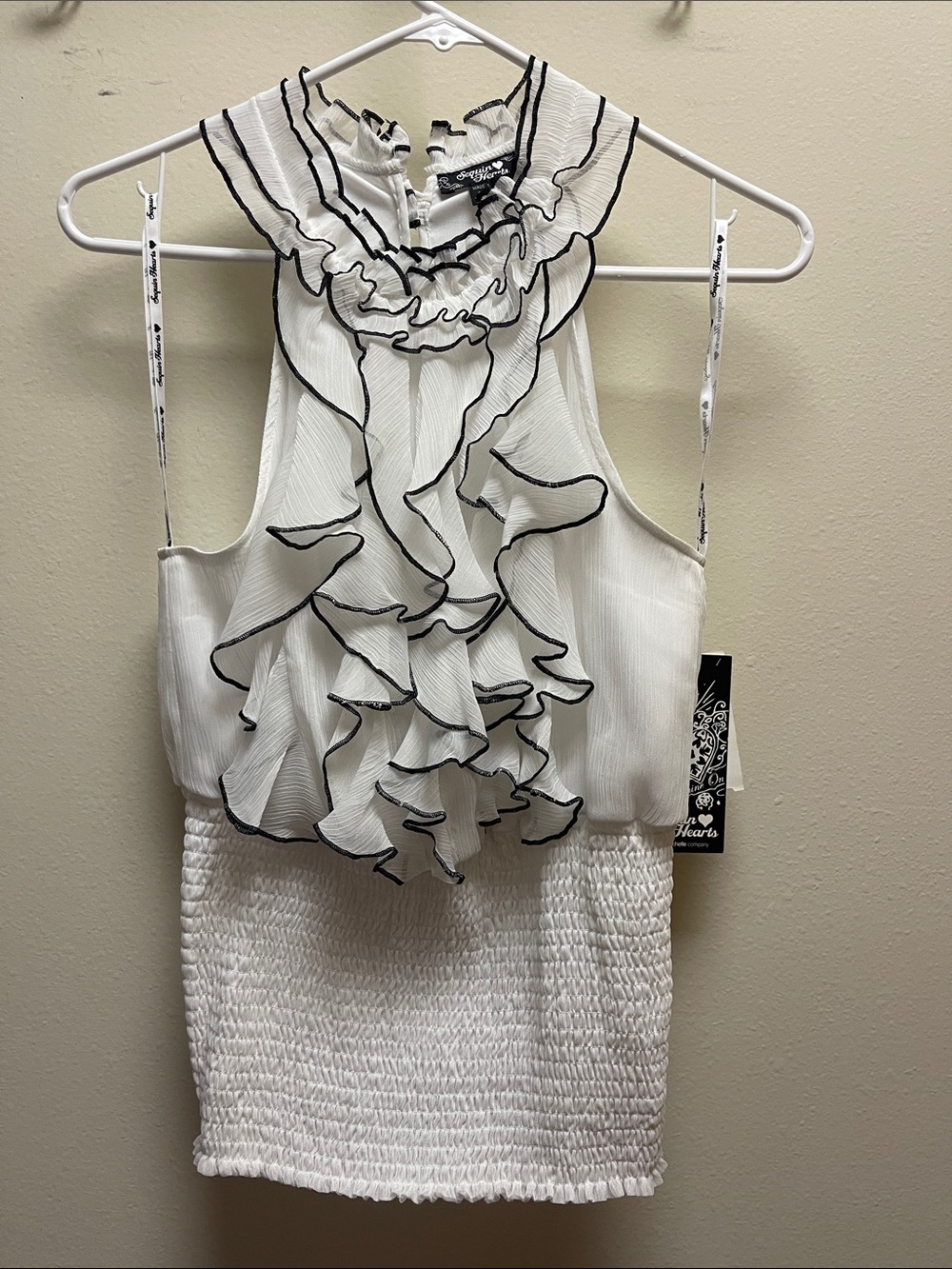 Sequin Hearts White Tank Top with Black-Edged Ruffle Front